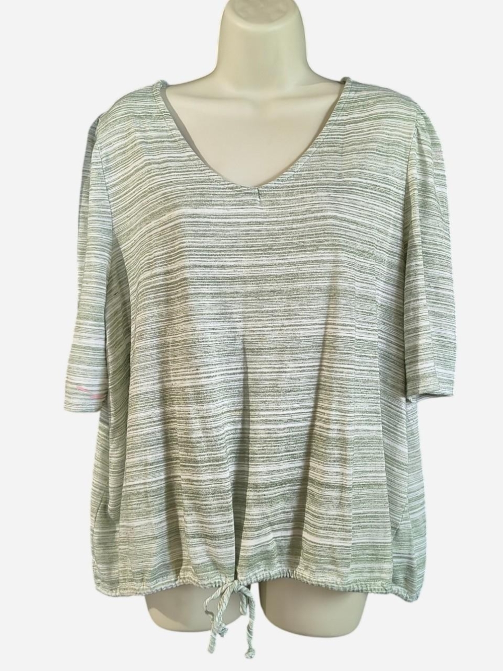 Relaxed V-Neck Drawstring Top in Sage Green Stripe